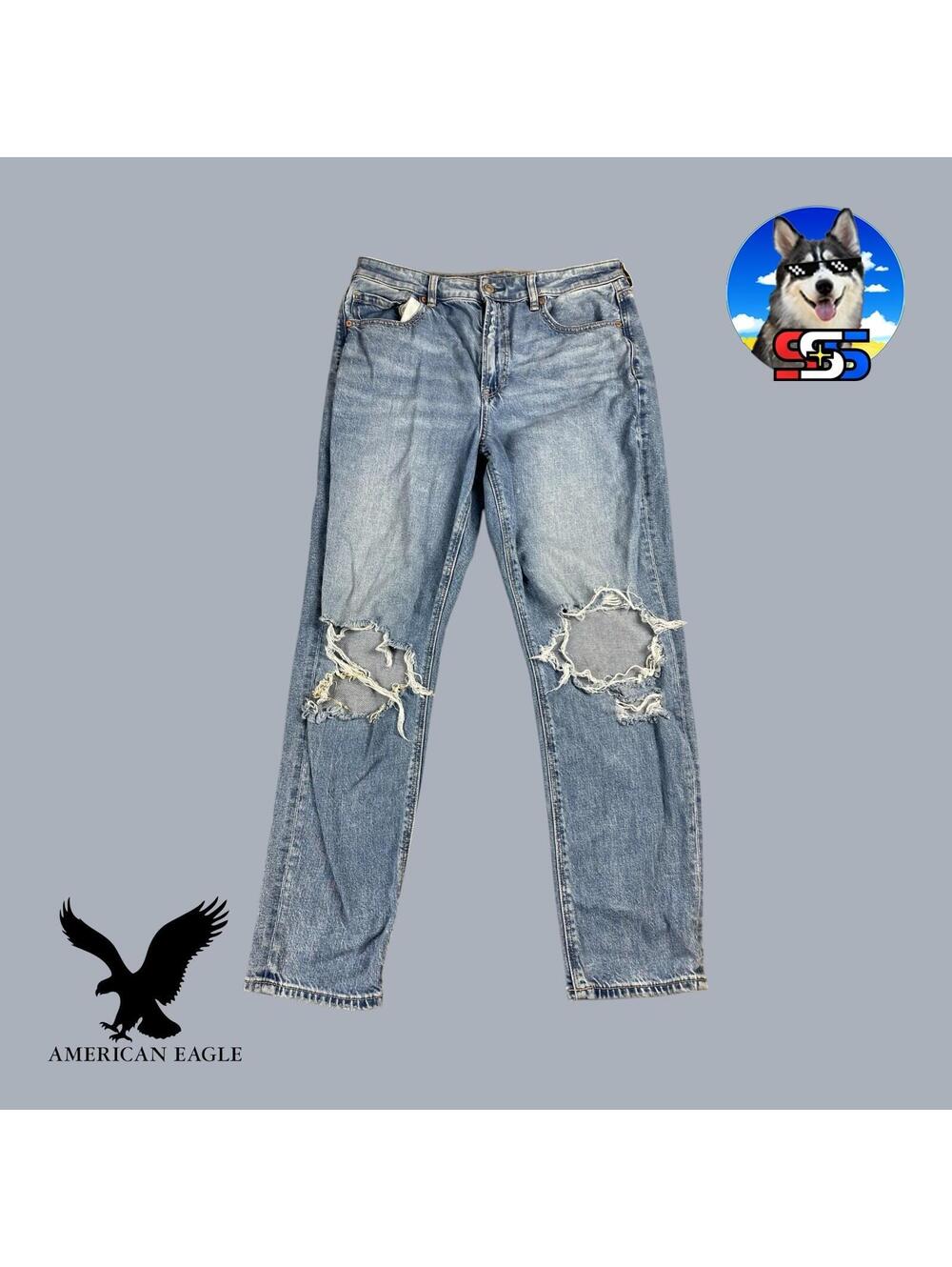 American Eagle Mom Jean Light Wash Thrashed Distressed Women's 12 Regular